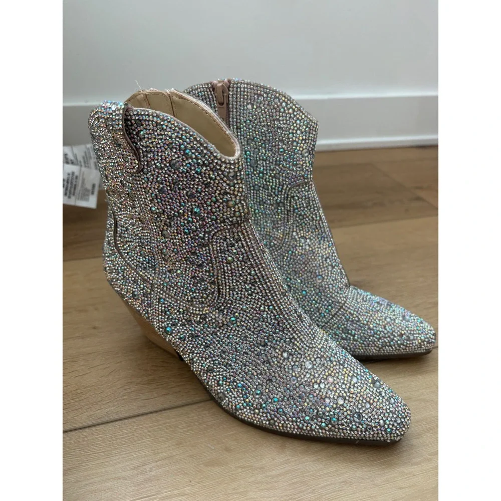 Shayne Rhinestone Western Ankle Boots Iridescent Crystal Cowboy Booties Size 6.5